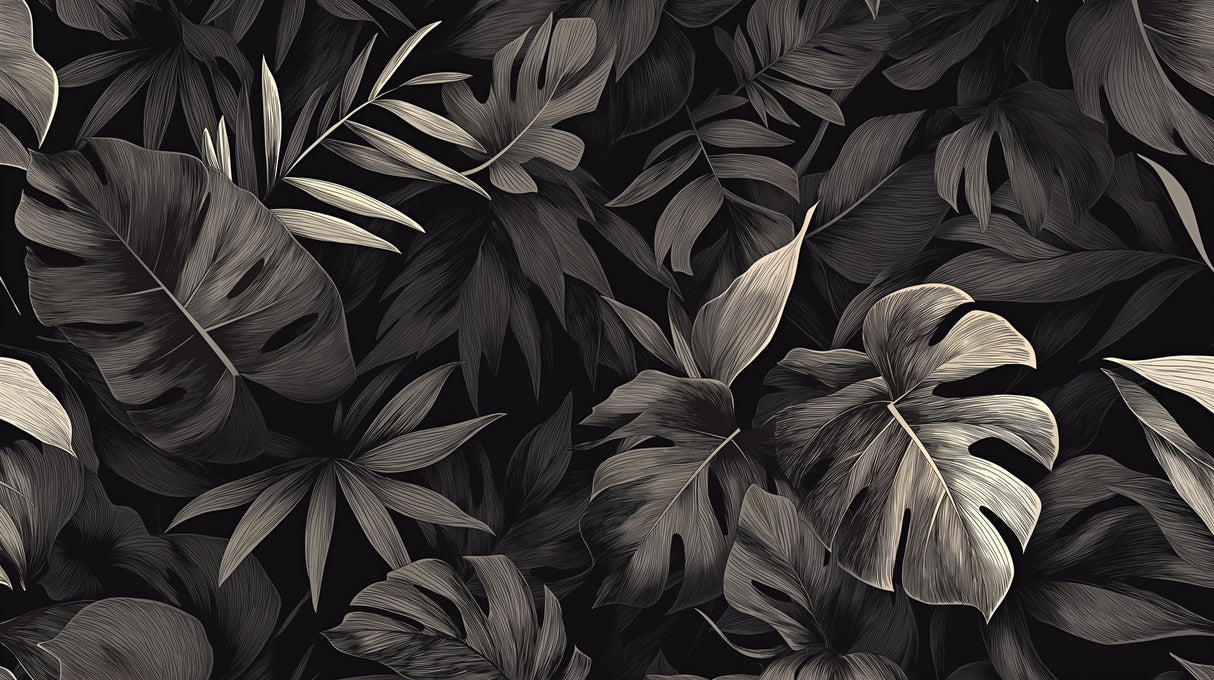 Black and white Monstera leaf wallpaper design file showing detailed palm pattern and textures