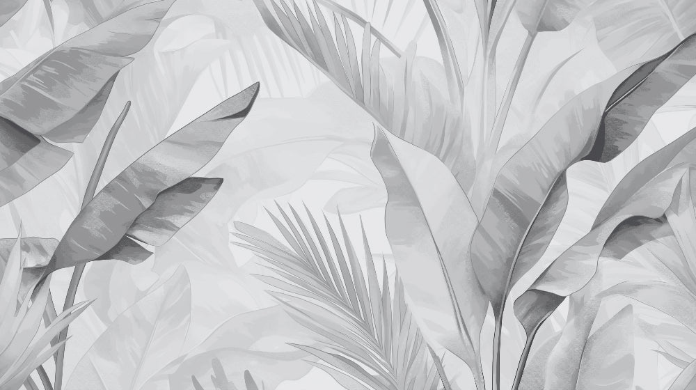 Monochrome tropical palm and banana leaves design file showing intricate gray scale pattern