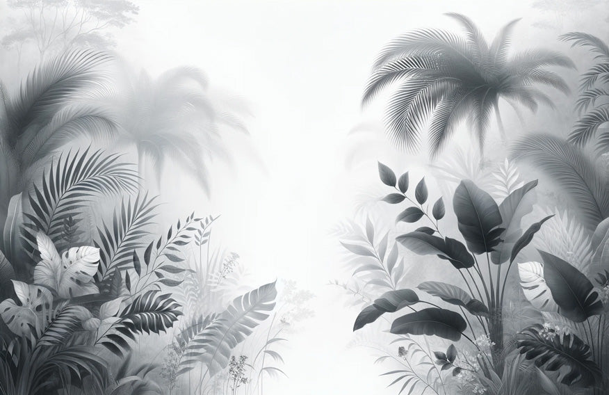 Black and white tropical foliage wallpaper design file showing detailed palm and monstera leaves pattern