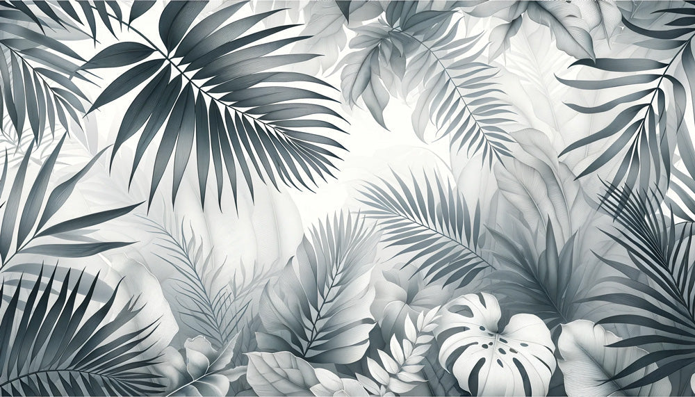 Black and white tropical wallpaper design file showing detailed palm and monstera pattern