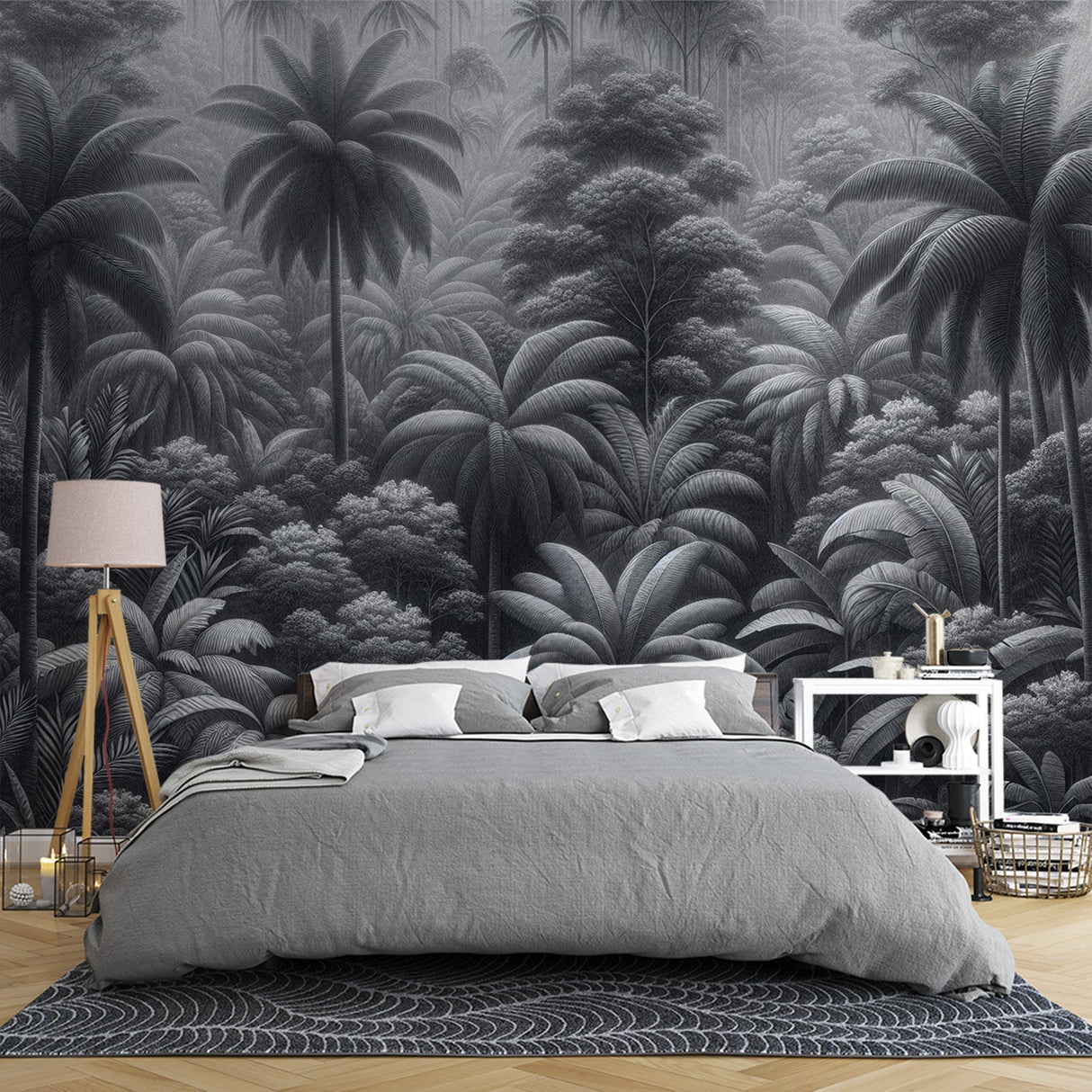 Black and white tropical palm forest wallpaper creating a dramatic statement wall in a modern living room