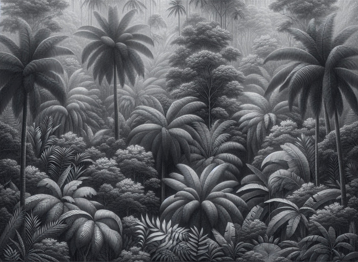 Monochrome tropical palm forest wallpaper design file showing detailed palm fronds and shadows