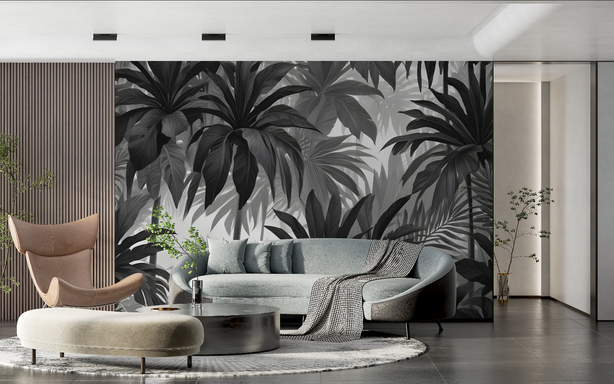 Tropical palm leaf wallpaper in modern minimalist living room with black and white color scheme