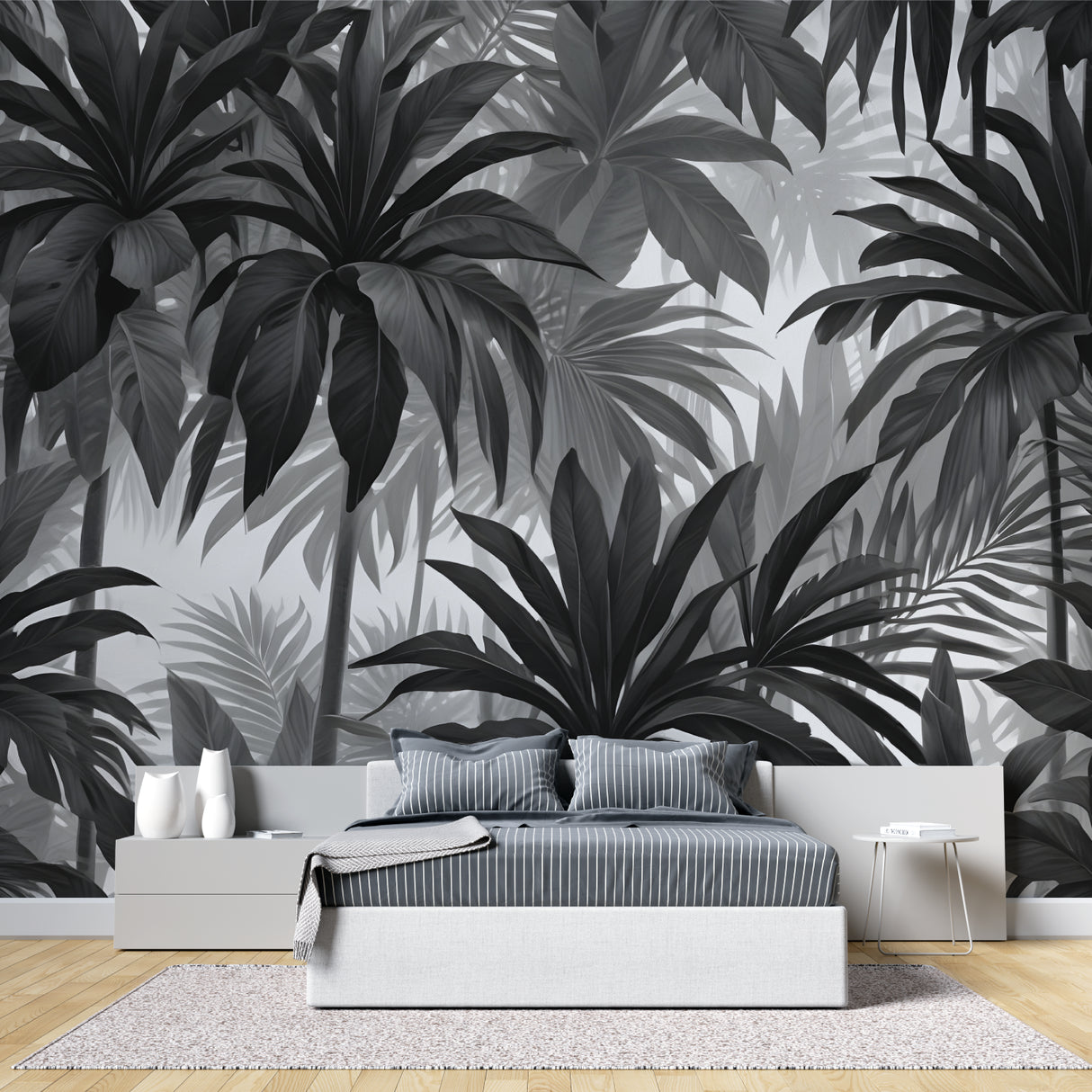 Monochrome palm mural creating drama in contemporary bedroom setting