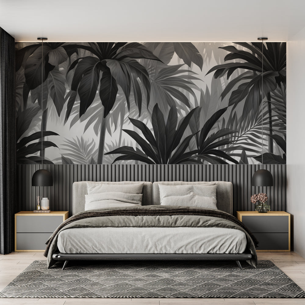 Black and white tropical wallpaper in stylish home office space