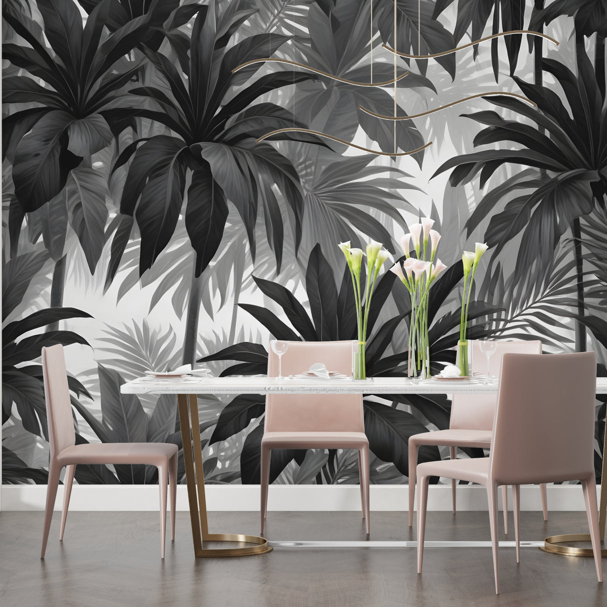 Palm leaf wallpaper adding depth to dining room walls