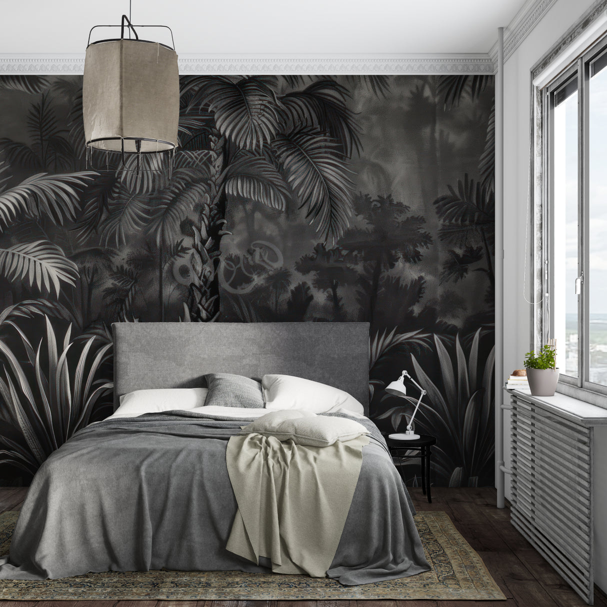 Modern living room with dramatic Monochrome Palm Leaves wallpaper creating depth and sophistication