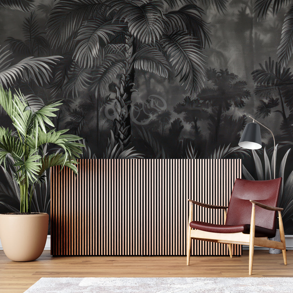 Tropical palm leaf wallpaper in black and white transforming a bedroom into a peaceful retreat