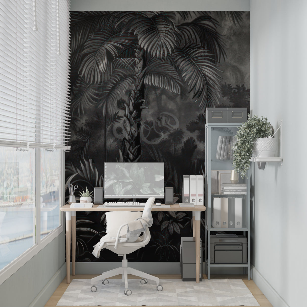 Dining room featuring stunning monochrome tropical wallpaper with bold palm fronds