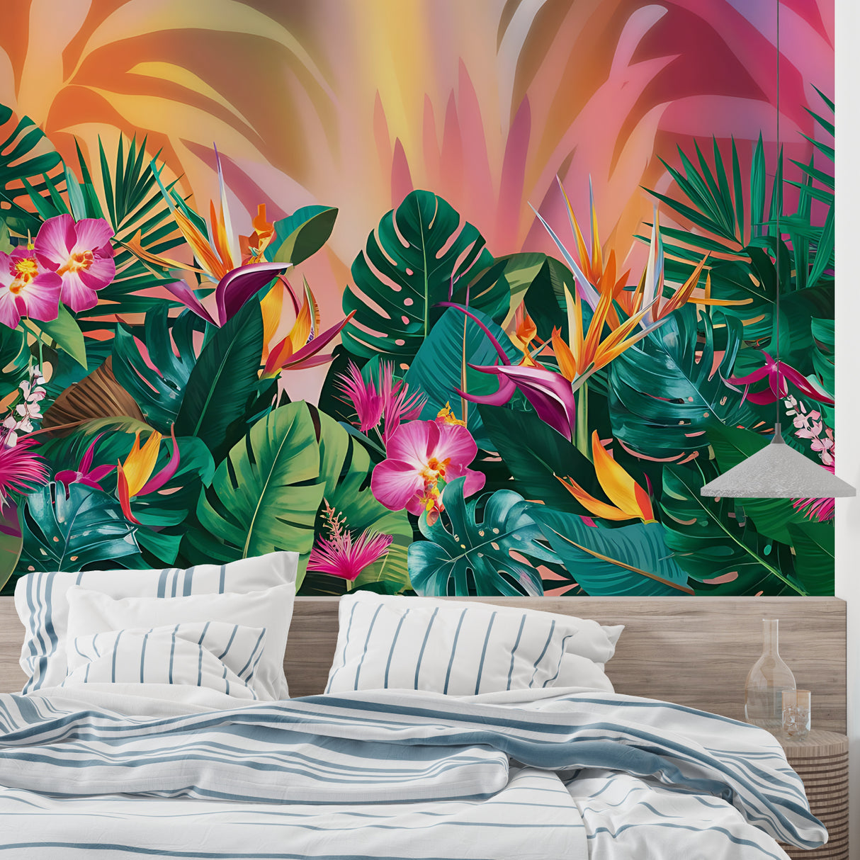 Tropical paradise wallpaper with monstera leaves in modern living room showing depth and dimension