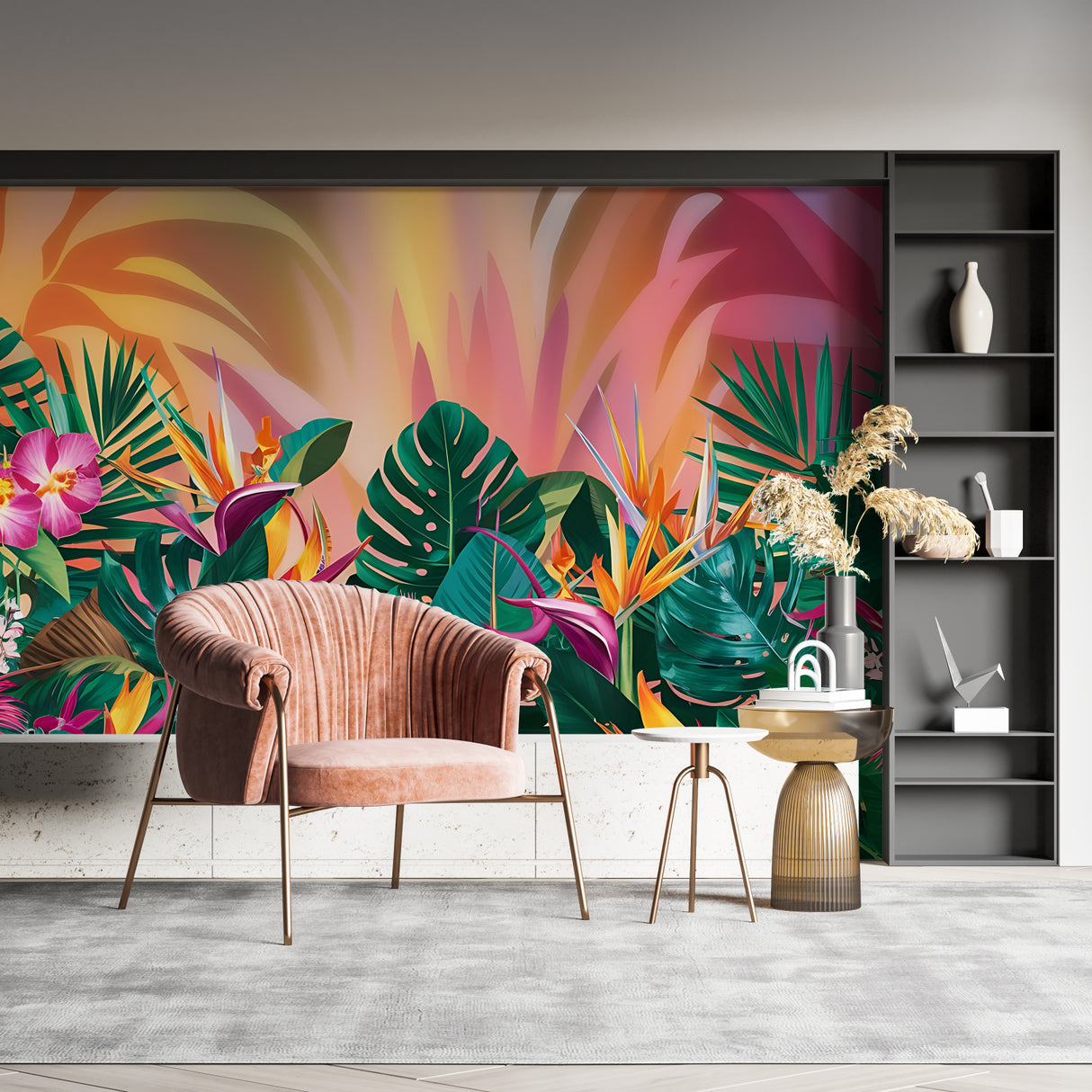Botanical wall mural featuring birds of paradise in bright dining room setting