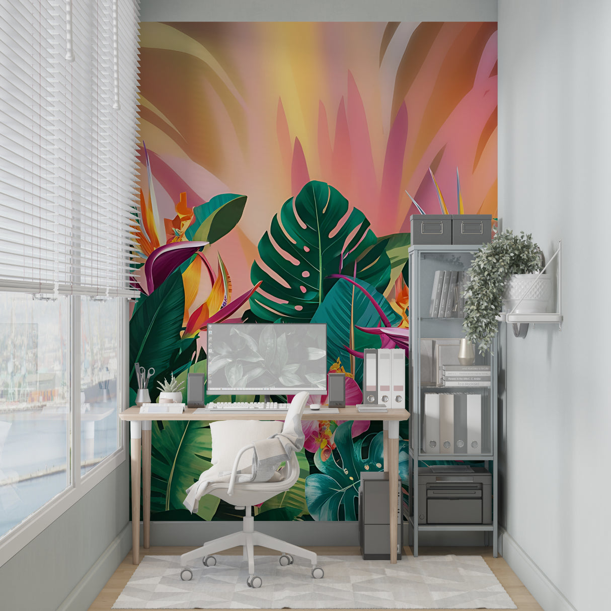 Monstera leaf wallpaper creating focal point in master bedroom
