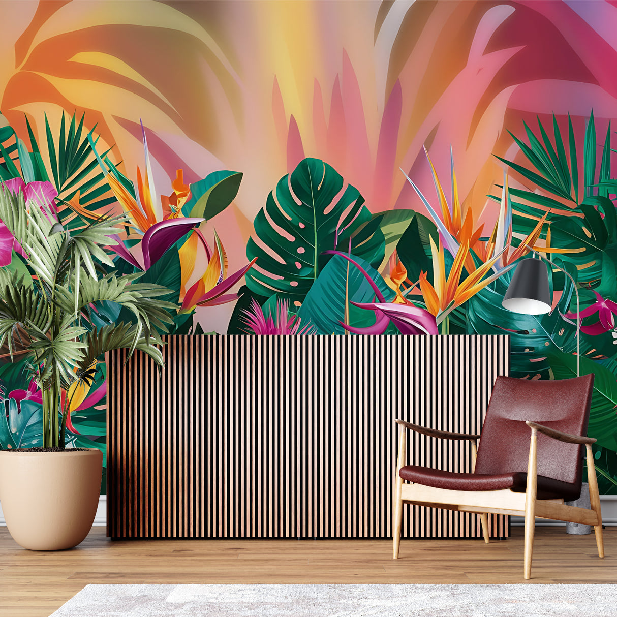 Tropical wall mural enhancing home office with natural elements