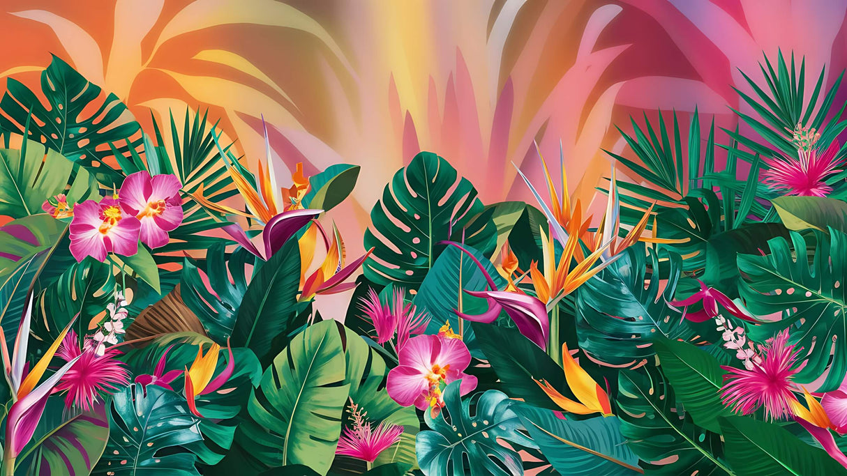 Design file showing detailed tropical pattern with monstera leaves and birds of paradise flowers
