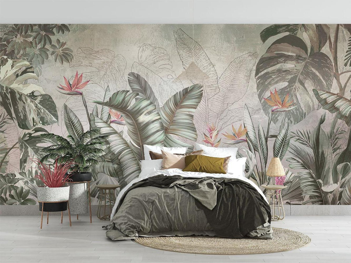 Tropical leaf wallpaper with monstera and birds of paradise creating a calm atmosphere in a modern living room