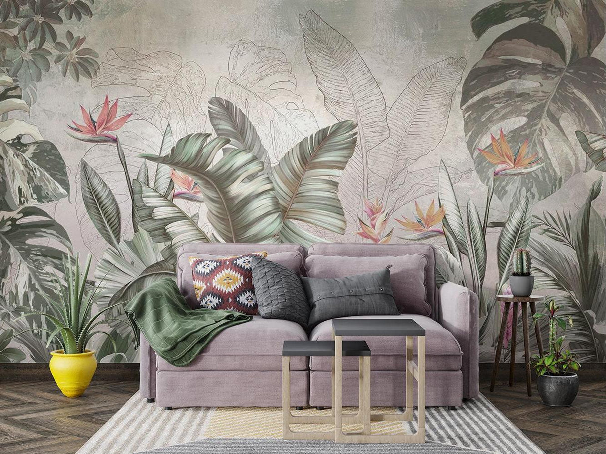 Monstera leaf mural adding natural beauty to a bright bedroom space