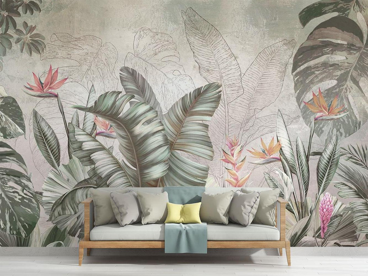 Botanical paradise wallpaper bringing tropical vibes to a dining room setting
