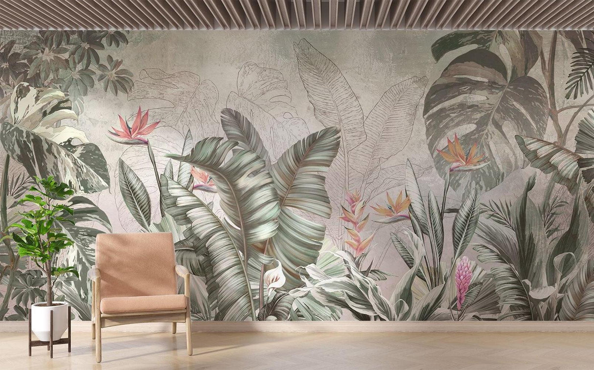Exotic tropical wallpaper transforming a home office with lush greenery