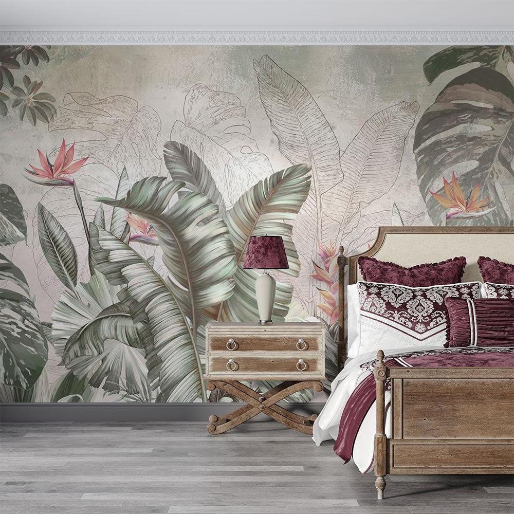 Birds of paradise wallpaper creating a peaceful atmosphere in an entrance hall