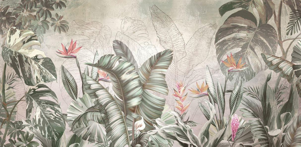 Design file showing detailed monstera leaves and birds of paradise pattern on misty grey background
