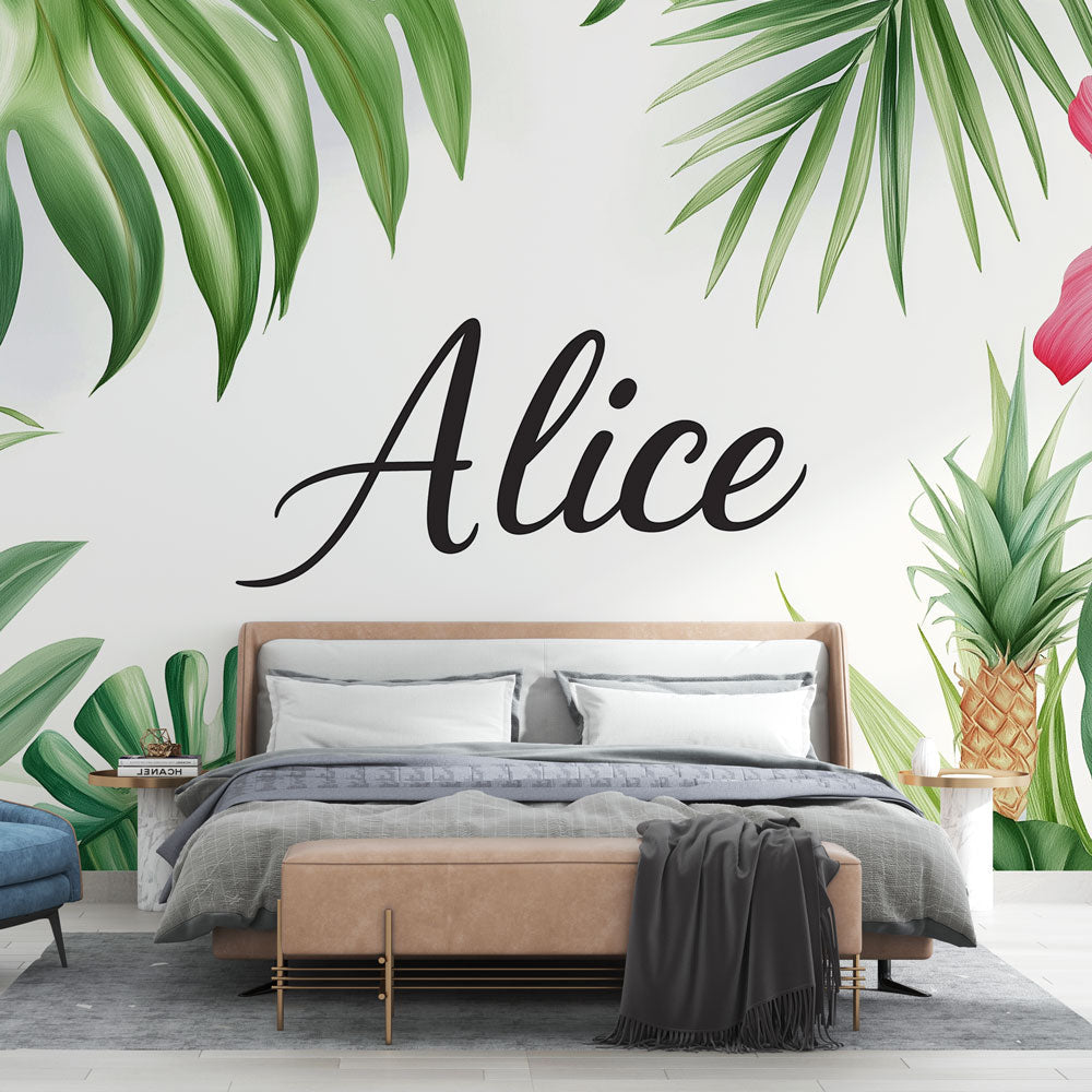 Tropical Monstera wallpaper in bright modern living room, showing pink hibiscus flowers and lush green leaves against white wall