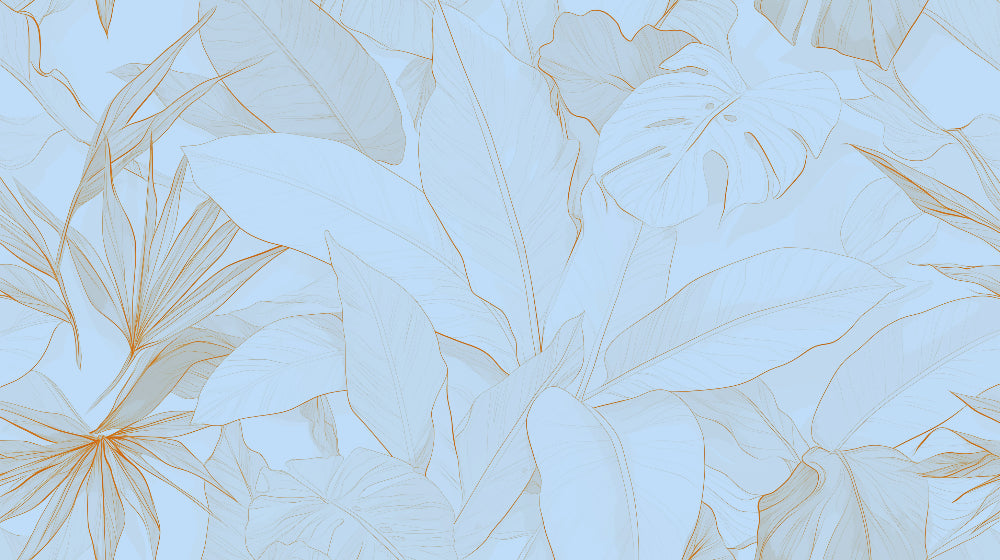 Gold line art tropical wallpaper design file showing detailed monstera and palm pattern on blue background