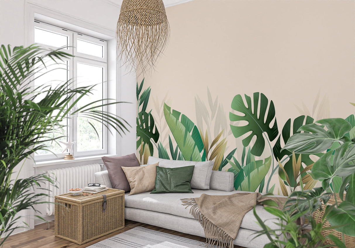 Tropical Monstera leaf wallpaper in modern living room, adding fresh green accents to white walls