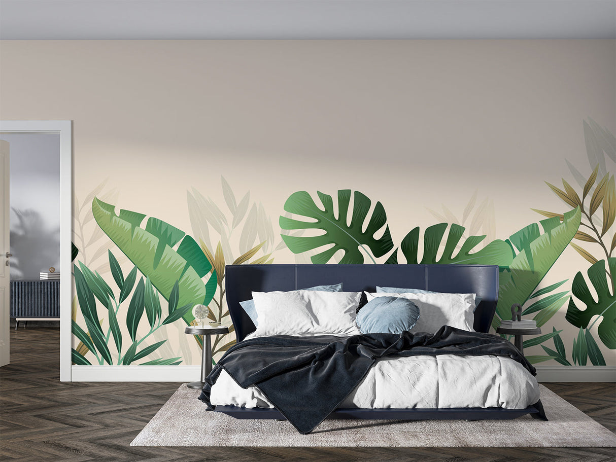 Palm leaf wall mural creating calm atmosphere in master bedroom