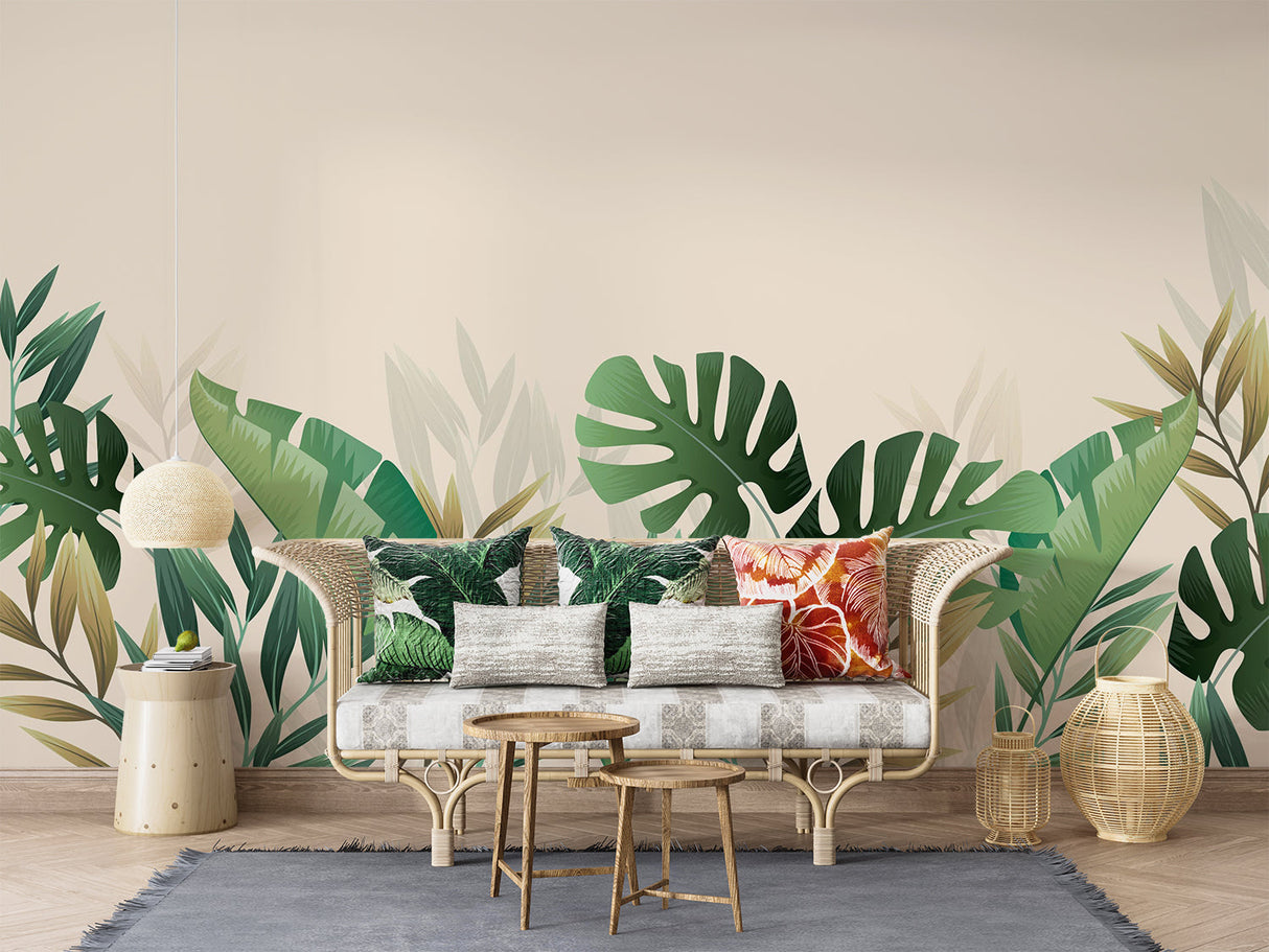 Botanical wallpaper with monstera pattern brightening home office space