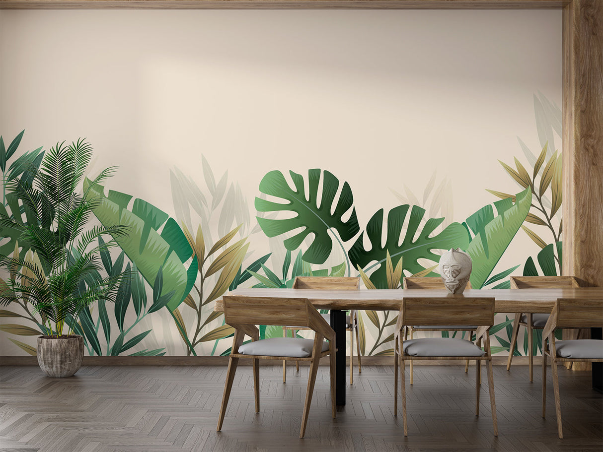 Tropical leaf mural wallpaper making statement in dining room