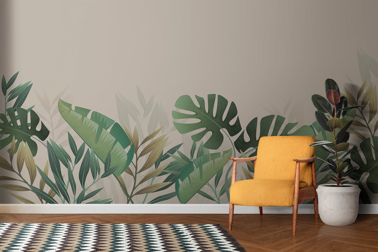 Green monstera wallpaper adding natural touch to reading nook