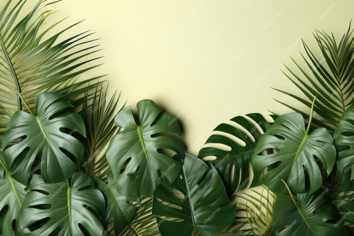 Design file showing detailed monstera and palm leaf pattern on beige background