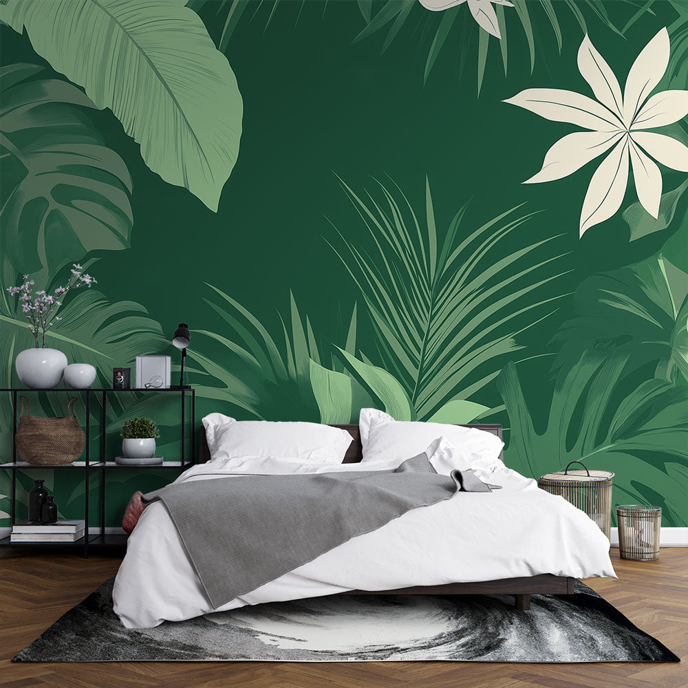 Tropical Monstera leaf wallpaper in modern living room with natural light and minimalist furniture