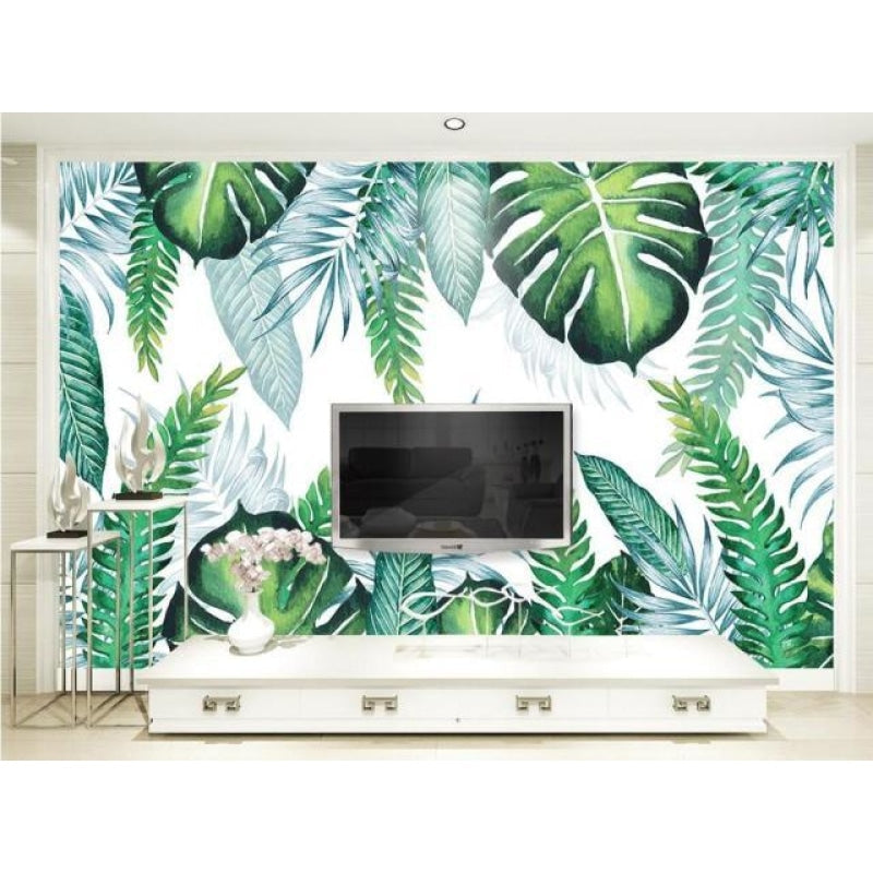 Monstera leaf wall mural in bright dining room setting