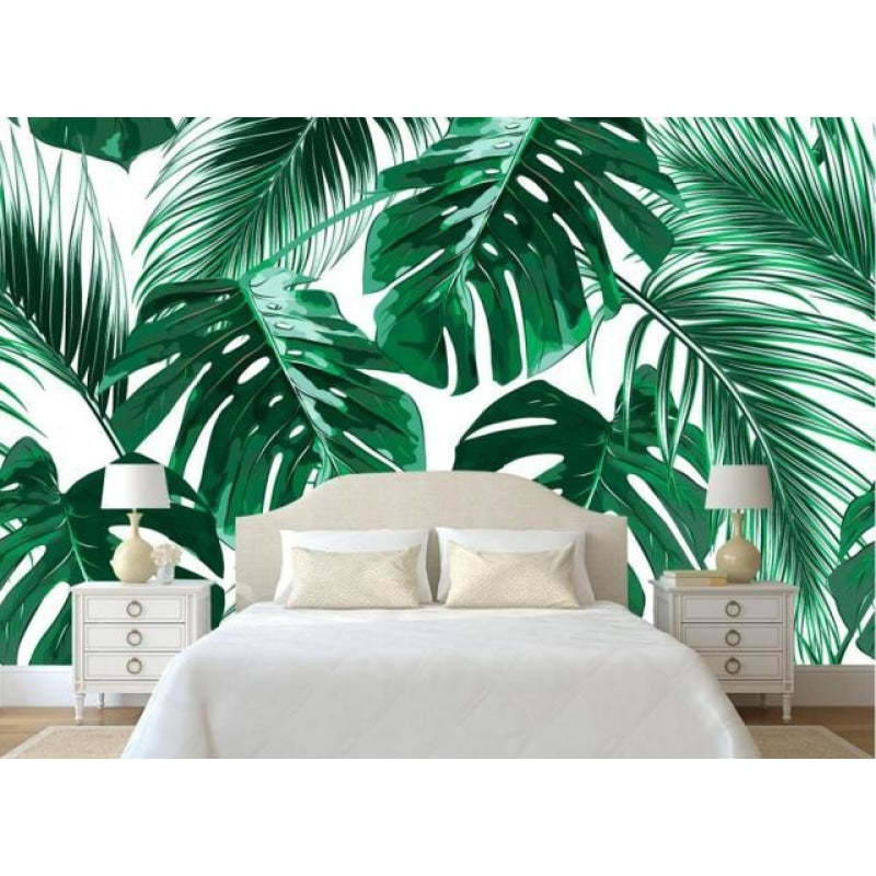 Tropical palm leaves design as bedroom feature wall