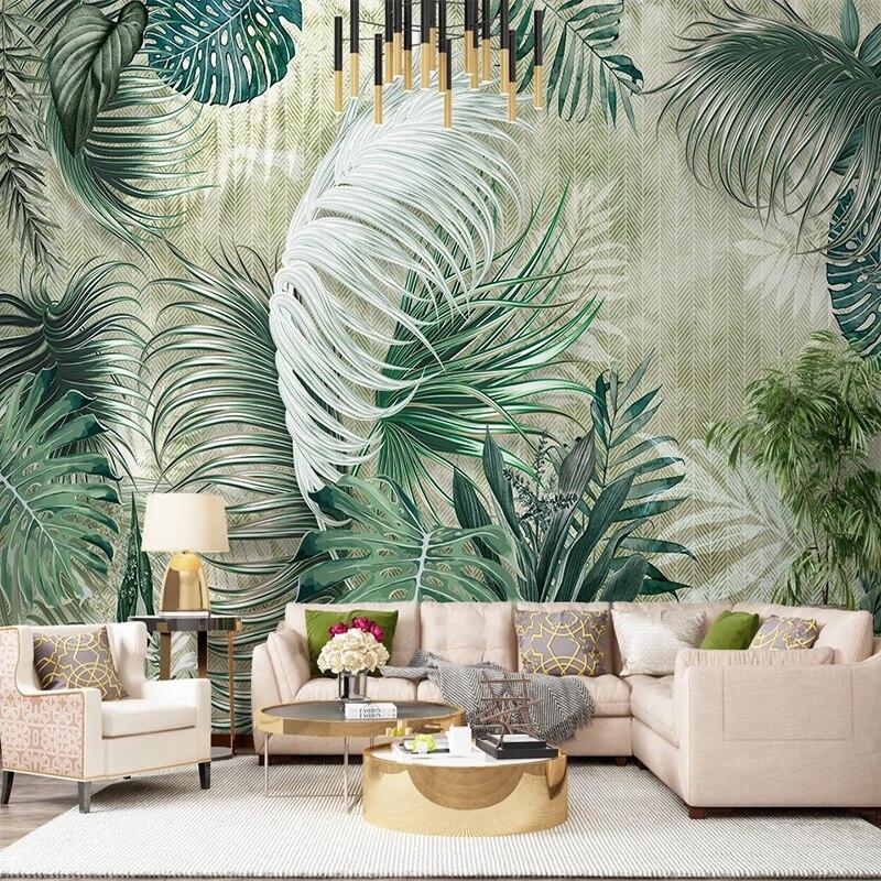 Home office featuring tropical palm leaf mural wallpaper in fresh green tones