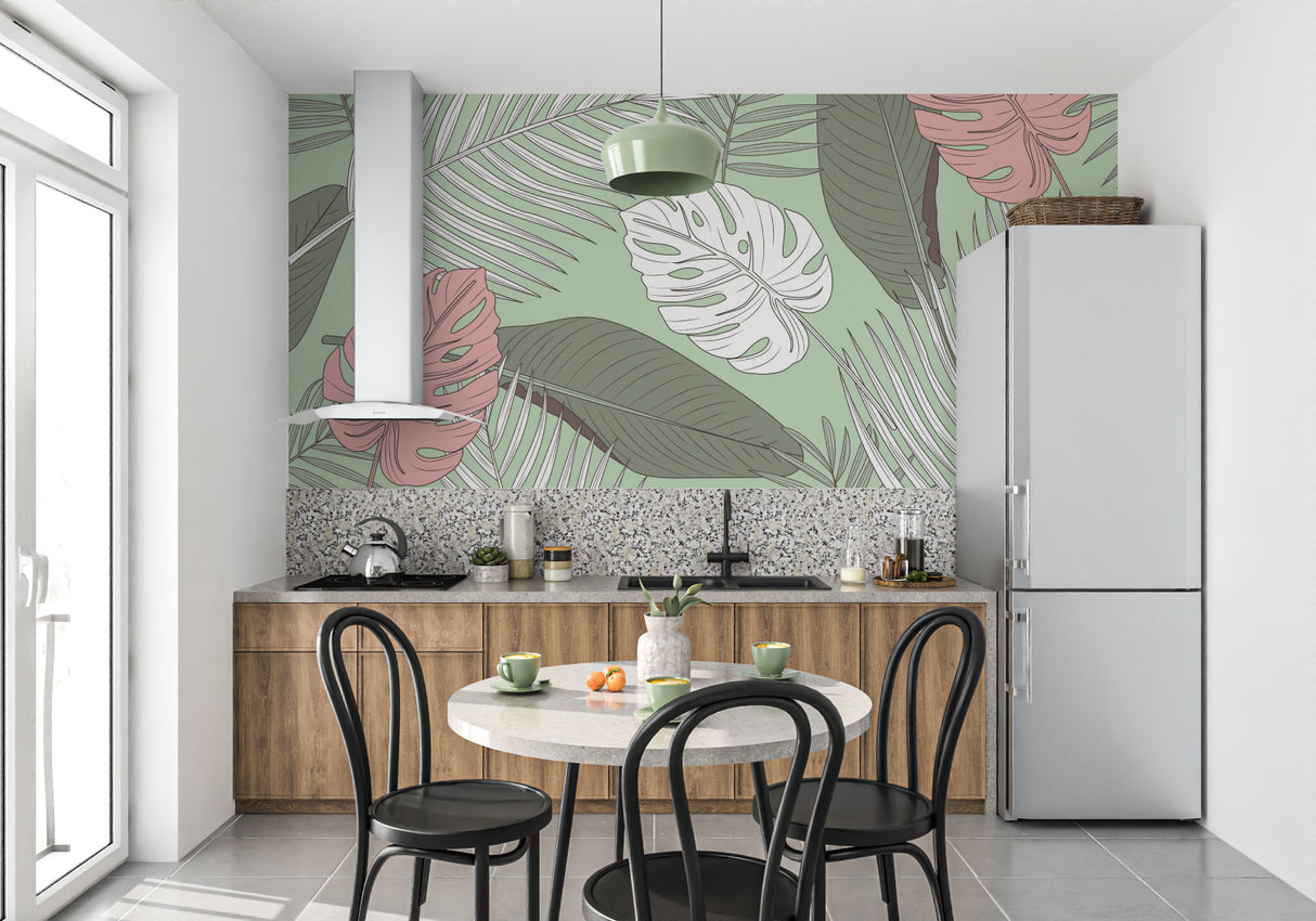 Pink and green Monstera wallpaper creating calm atmosphere in master bedroom