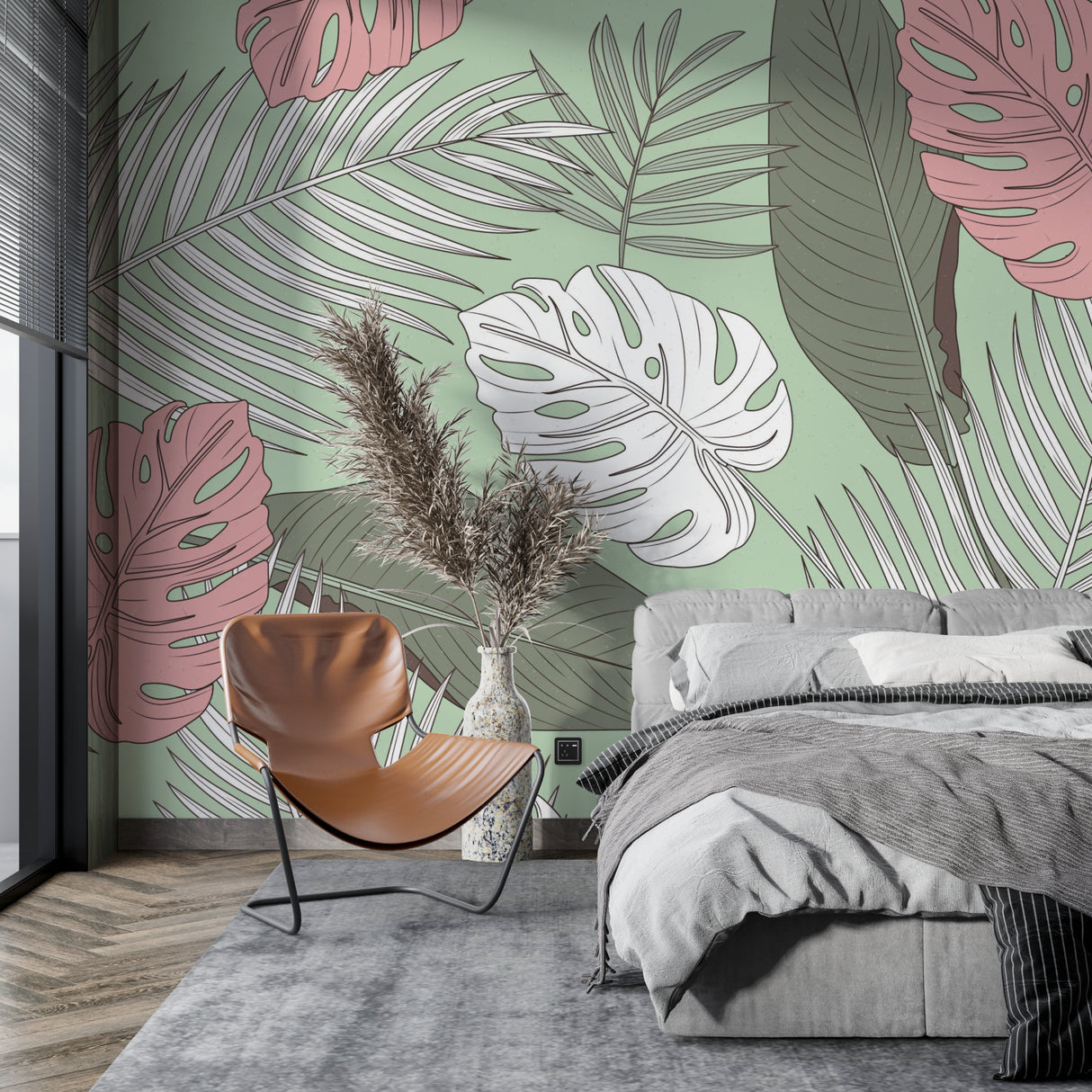 Botanical wall mural with pink and green leaves in dining room setting