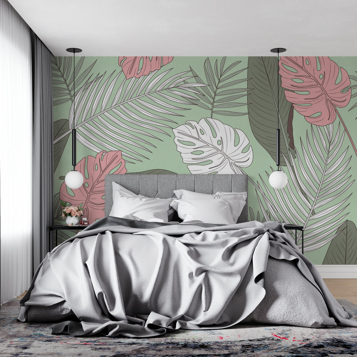 Minimalist hallway with Monstera leaf pattern wallpaper in pink and green