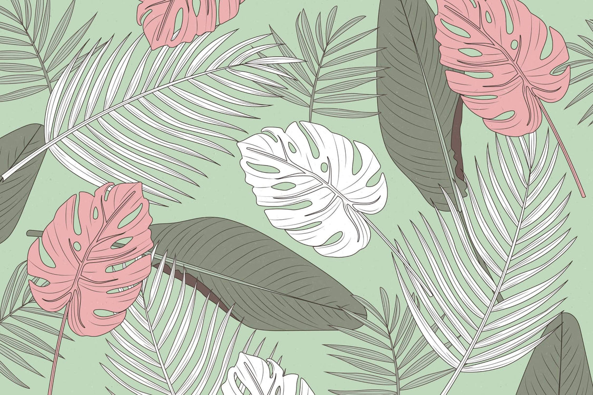 Design file of Monstera and palm leaves pattern with pink and sage green tones