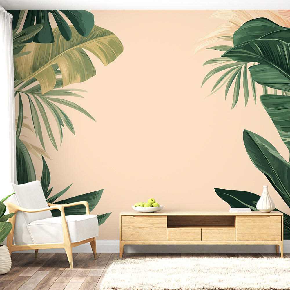 Tropical leaf wallpaper with monstera pattern bringing fresh style to a modern living room with natural light