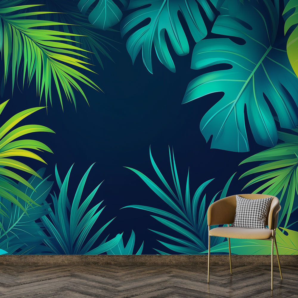 Modern living room with Tropical Monstera Leaf Wallpaper creating a bold statement wall against white furniture