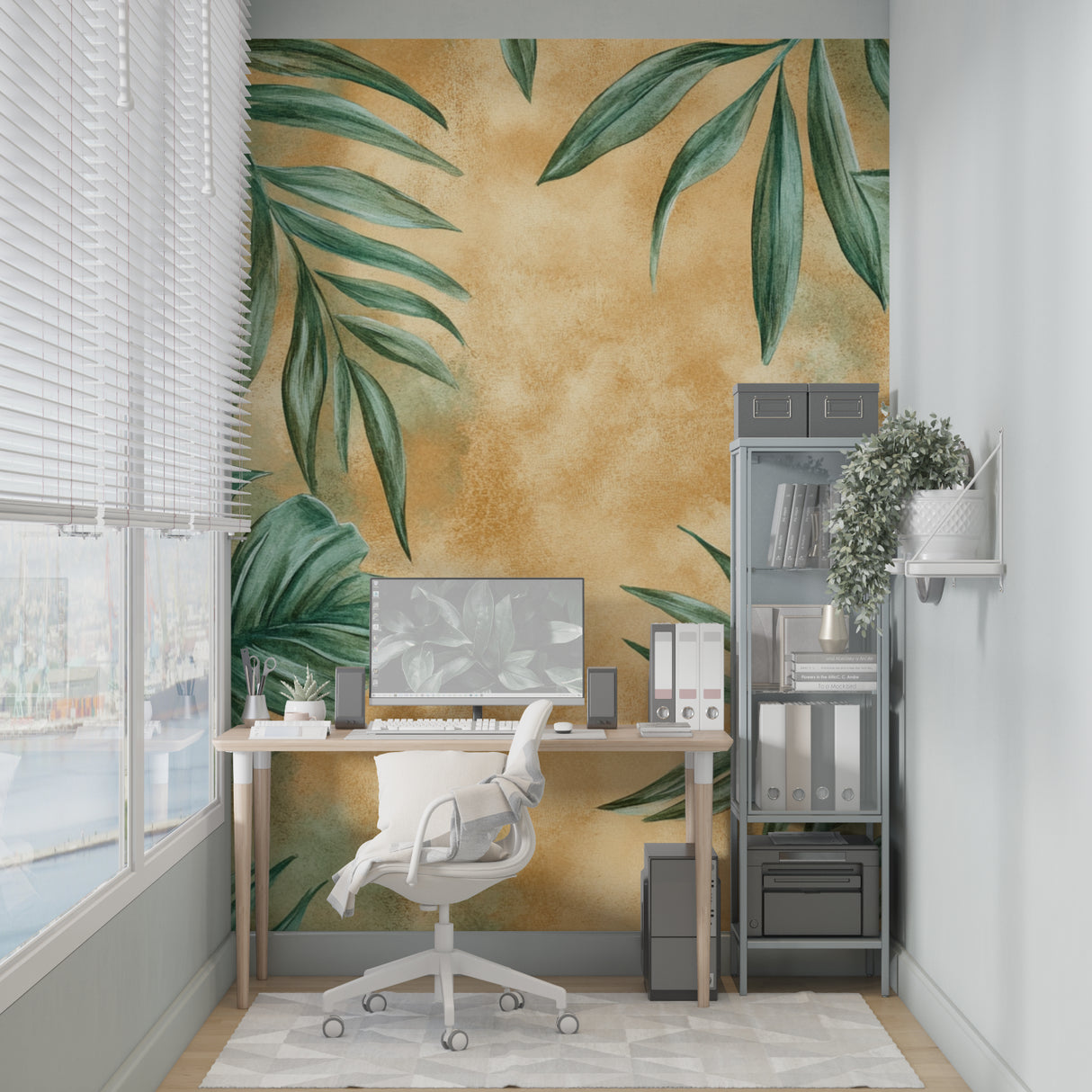Palm leaf wallpaper transforming a home office with its warm, natural vibe
