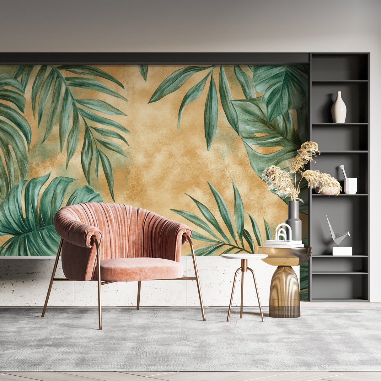 Botanical wall mural adding depth to a dining room with golden hour lighting