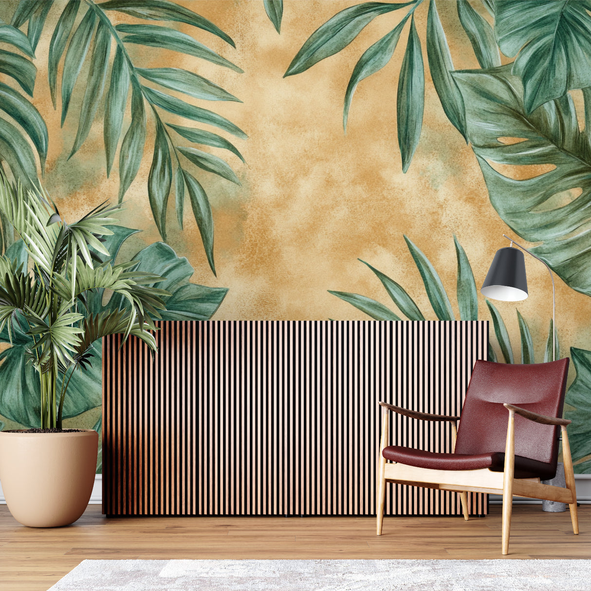 Tropical wallpaper making a statement in an entrance hallway with minimal furniture
