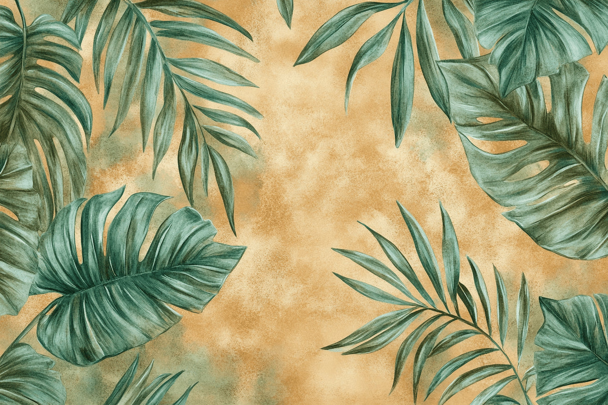 Design file showing detailed monstera and palm leaf pattern on terracotta background