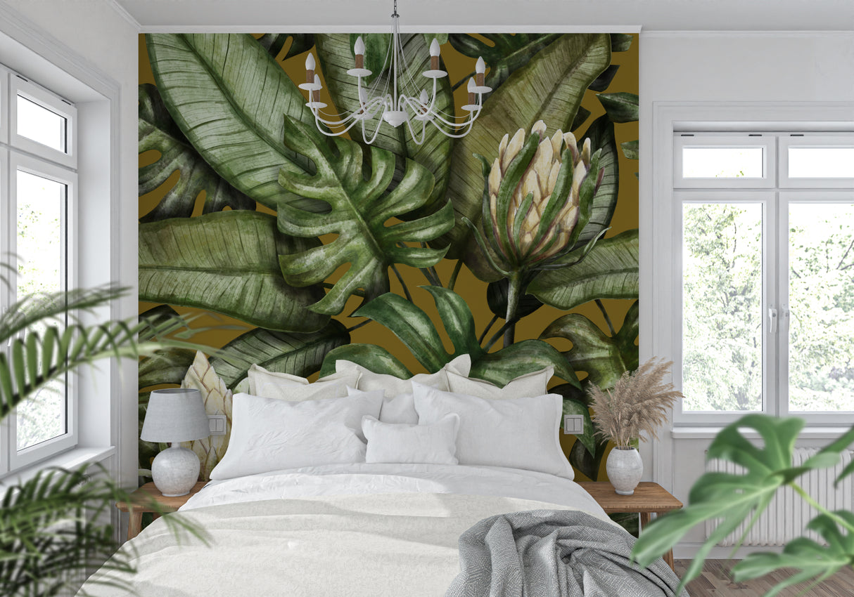 Golden Monstera wall mural creating depth in minimalist bedroom setting