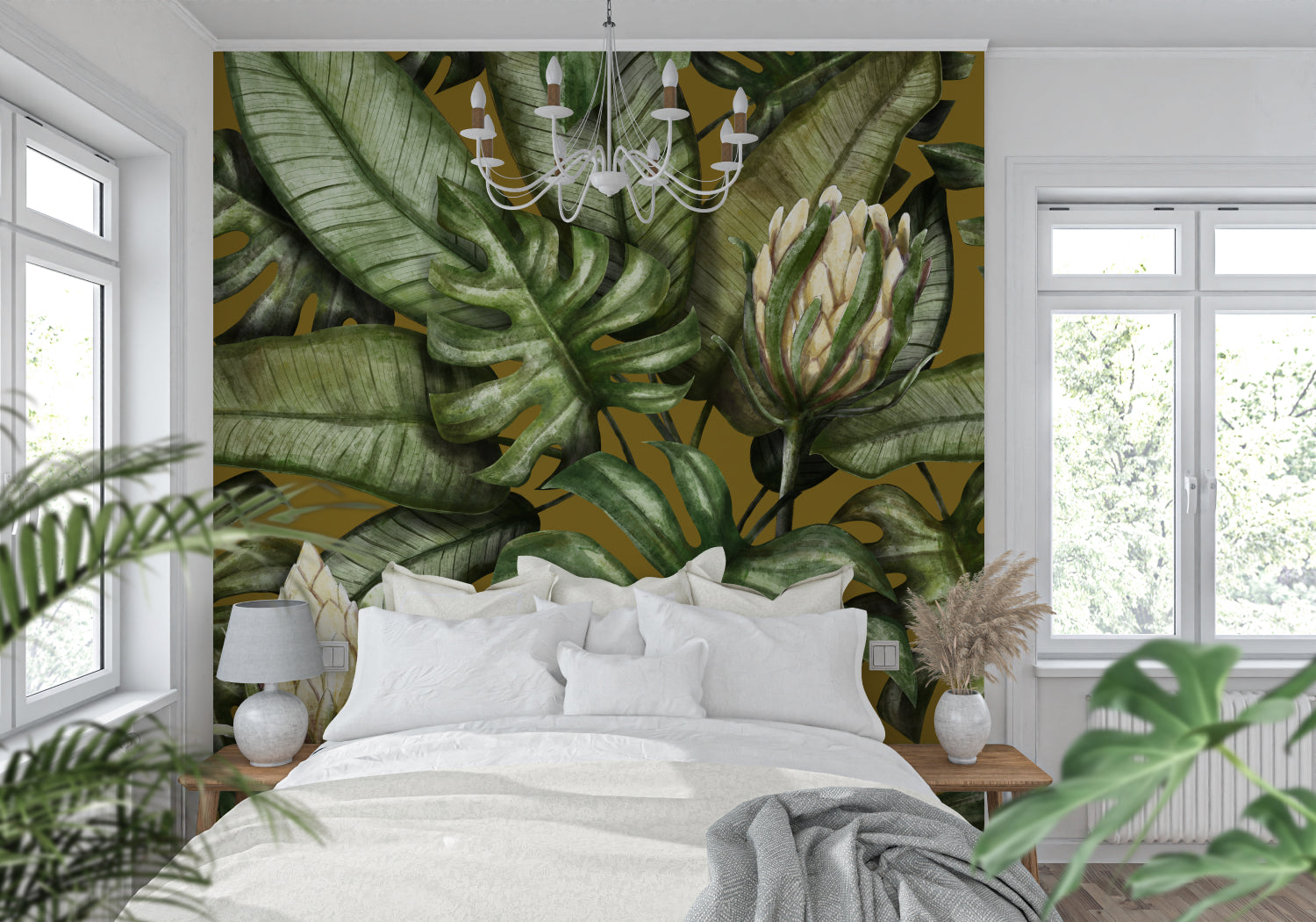 Golden Monstera wall mural creating depth in minimalist bedroom setting