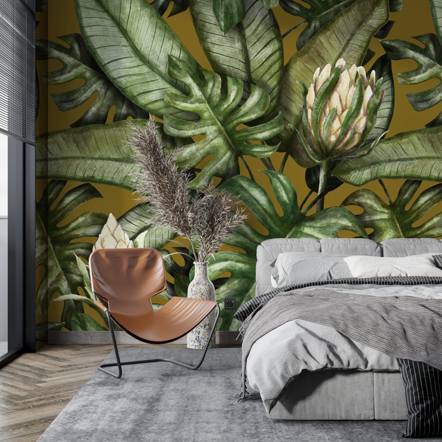 Tropical leaf wallpaper brightening up home office with natural lighting