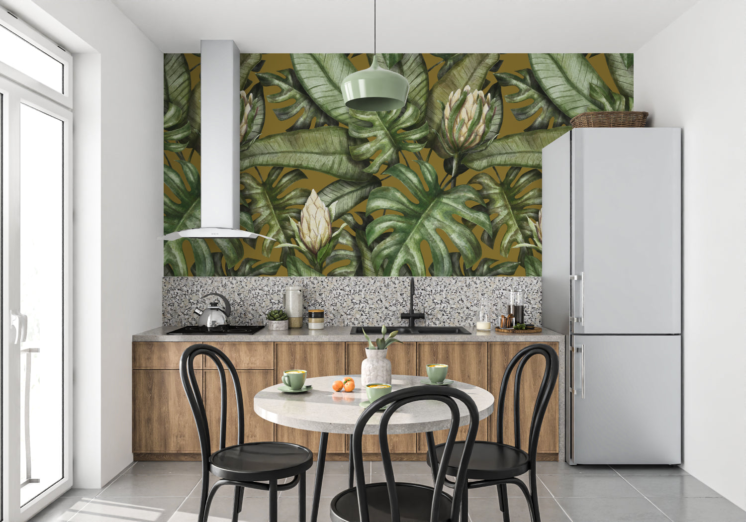 Monstera leaf mural in dining room showing scale and golden details